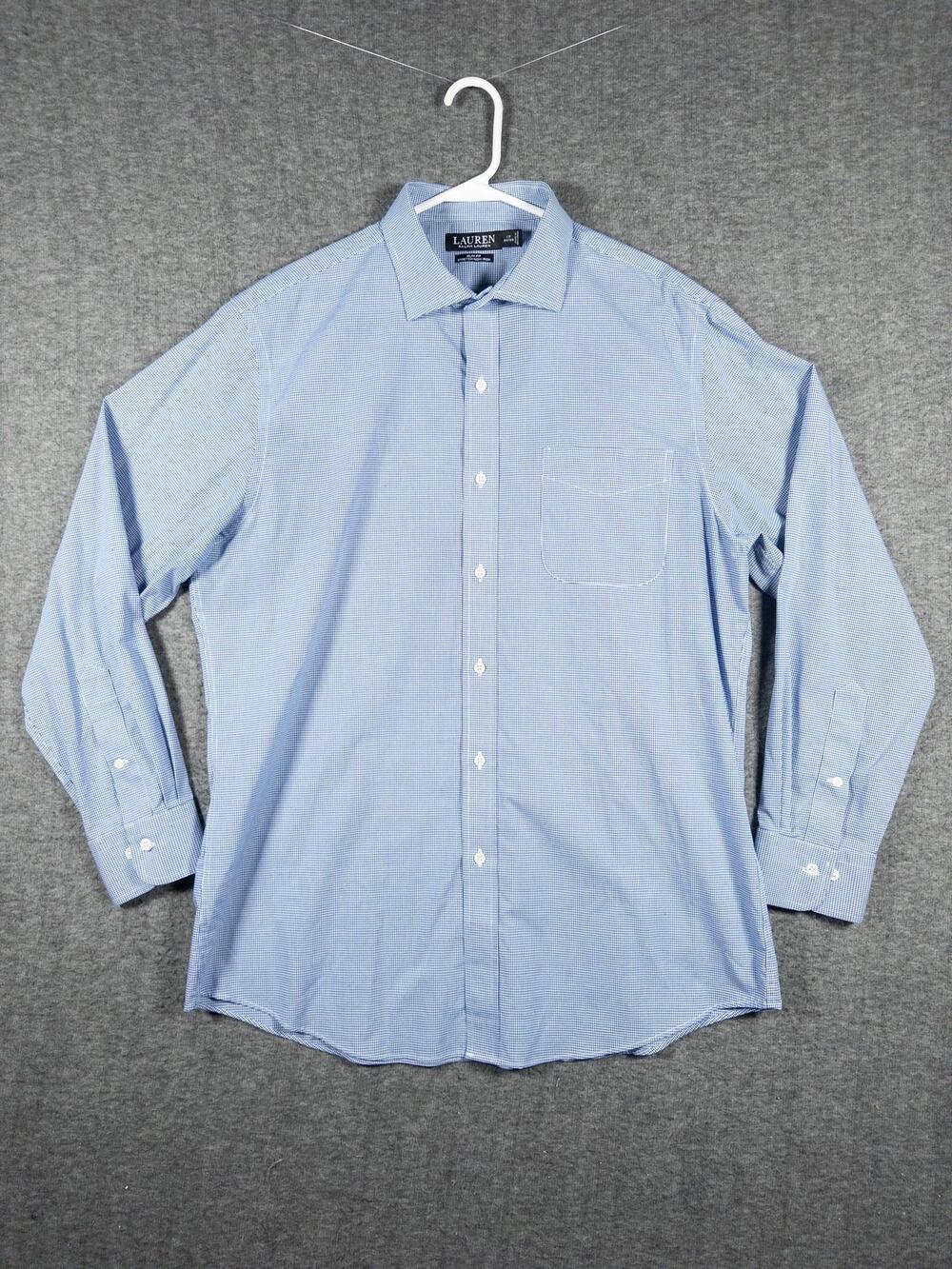 Lauren Ralph Lauren Shirt Mens 17 34/35 Blue Gingham Slim Fit Stretch Non Iron
